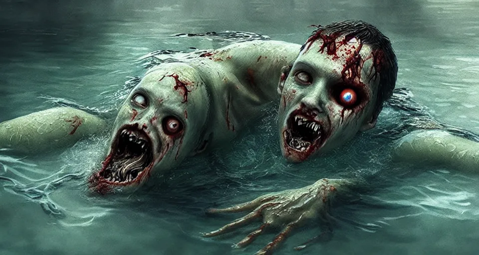 Image similar to highly detailed full body portrait of a zombie swimming underwater in a zombie - apocalypse, in a swimming pool, by greg rutkowski, octane render