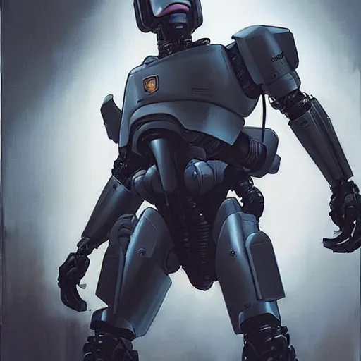 Image similar to greg manchess portrait painting of peter weller combined with the robocop as overwatch character, 8 0 ies aesthetic, medium shot, asymmetrical, profile picture, organic painting, sunny day, matte painting, bold shapes, hard edges, street art, trending on artstation, by huang guangjian and gil elvgren and sachin teng