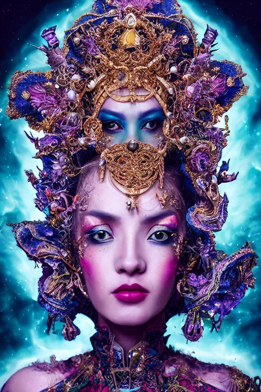 Image similar to a beautiful empress portrait, with a brilliant, impossible striking big cosmic galaxy headpiece, clothes entirely made out of cosmos chaos energy, symmetrical, dramatic studio lighting, rococo, baroque, jewels, asian, hyperrealism, closeup, D&D, fantasy, intricate, elegant, highly detailed, digital painting, artstation, octane render, 8k, concept art, matte, sharp focus, illustration, art by Artgerm and Greg Rutkowski and Alphonse Mucha