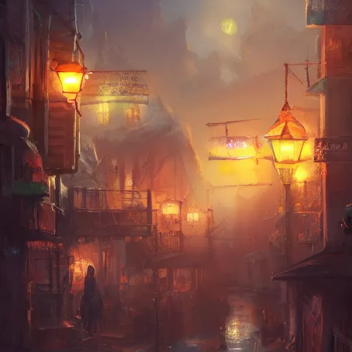 Image similar to this place is truly beautiful and the atmosphere is buzzing the town lights are glowing particularly brightly tonight, trending on artstation,