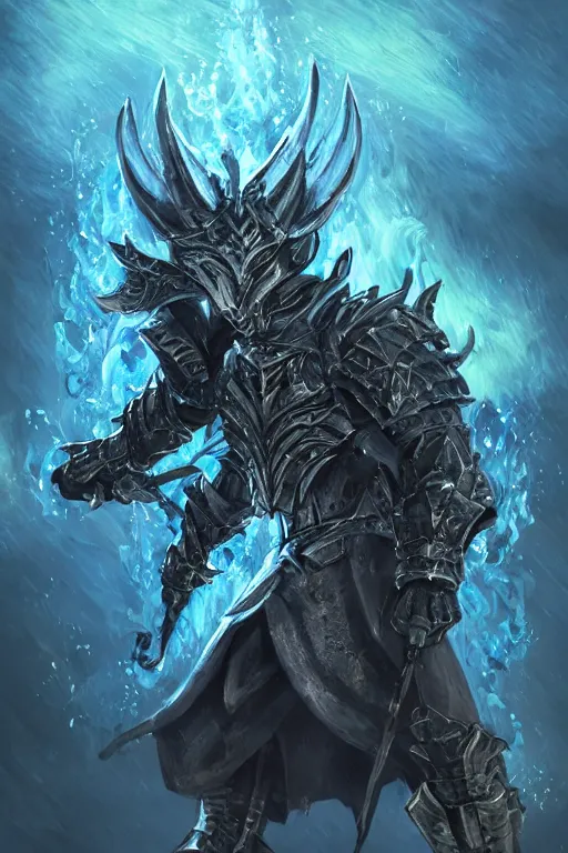 Image similar to anthropomorphic Azure wolf knight, DnD character art portrait, fantasy battleground, raining, blue flame, oil painting, heroic pose, magic the gathering artwork, D&D, fantasy, cinematic lighting, centered, symmetrical, highly detailed, digital painting, artstation, concept art, chromatic aberration, post processing, smooth, sharp focus, illustration, volumetric lighting, epic Composition, 8k, art, DeviantArt, trending on Artstation, Jason Felix, Steve Argyle, Tyler Jacobson, Peter Mohrbacher, Akihiko Yoshida, Greg Rutkowski, Craig Mullins, Frank Frazetta, cinematic lighting