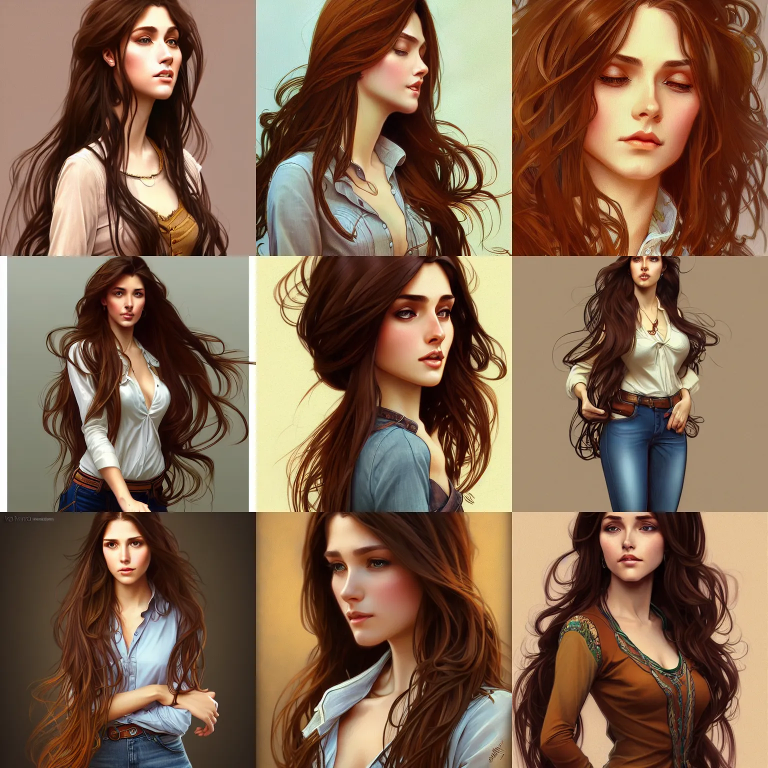 Image similar to woman with long brown hair wearing a blouse and jeans, highly detailed, digital painting, artstation, concept art, smooth, sharp focus, illustration, art by artgerm and alphonse mucha