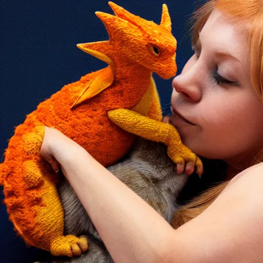 Image similar to tiny dragon snuggling orange tabby cat, orange tabby hugging tiny dragon