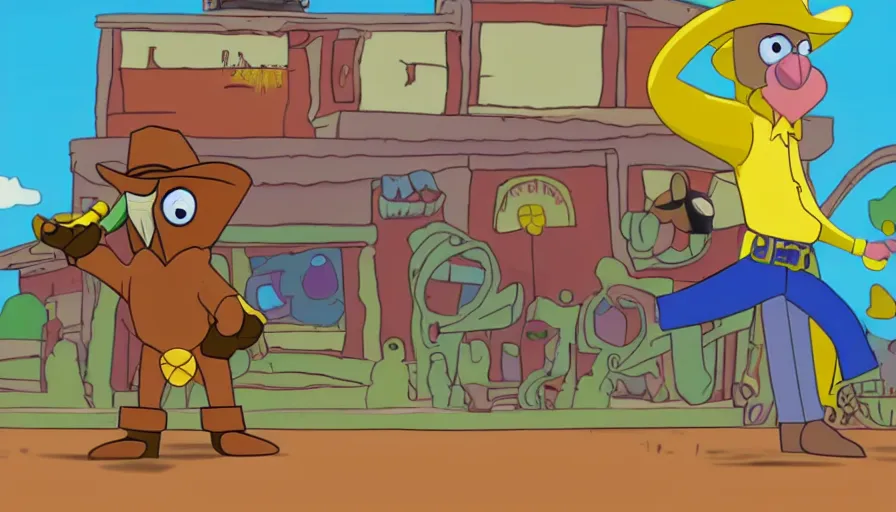 Image similar to 2000s cartoon show screenshot about a gunslinging owl from the wild west, wearing a cowboy hat an eye mask, standing in an old west town the animated show, in the style of cowboys of moo mesa