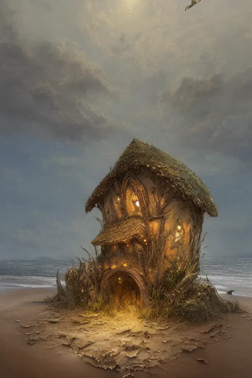 Image similar to wide angle view, a beautiful digital painting of a fairy house made of sand and driftwood on a beautiful coastline, tranquil day, magical, by greg rutkowski, brian froud, marc simonetti, jean - baptiste monge, symmetry, complementary colors, ink illustration, trending on artstation