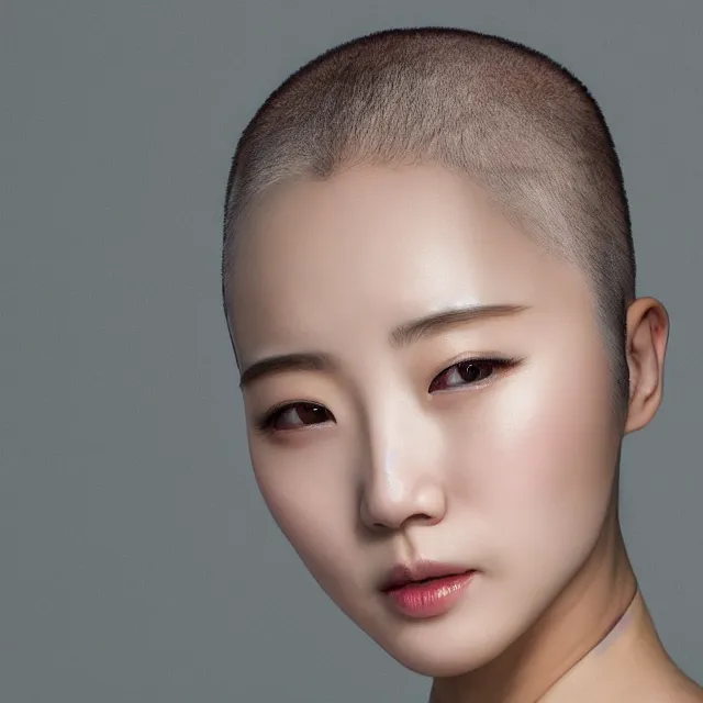 Image similar to photograph portrait bald korean japanese goddess of beauty neutral expression face straight on headshot even lighting no hair