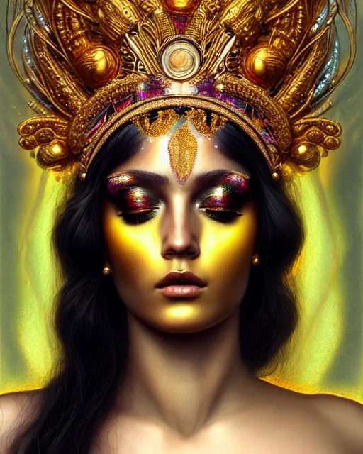 Image similar to hyperrealistic detailed portrait of a beautiful goddess in an iridescent - gold ornamental headdress, intricate cyberpunk make - up, golden face tattoos, art by android jones, john william godward, nekro borja, gothic - cyberpunk, beautiful deep colours,