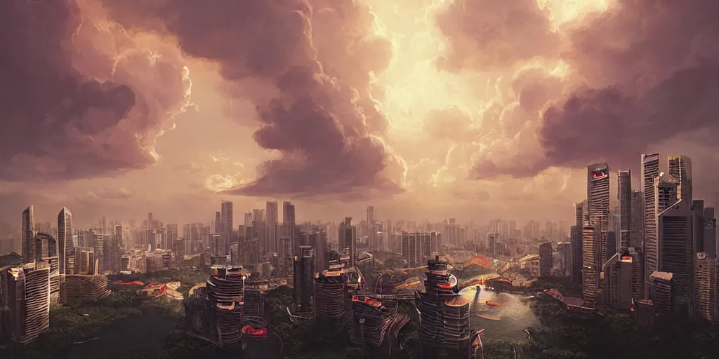 Image similar to Singapore city with a lion-shaped!!!!! cloud in the sky, by greg rutkowski, red and white lighting, digital art, ultra realistic, ultra detailed, photorealistic, 4k, character concept