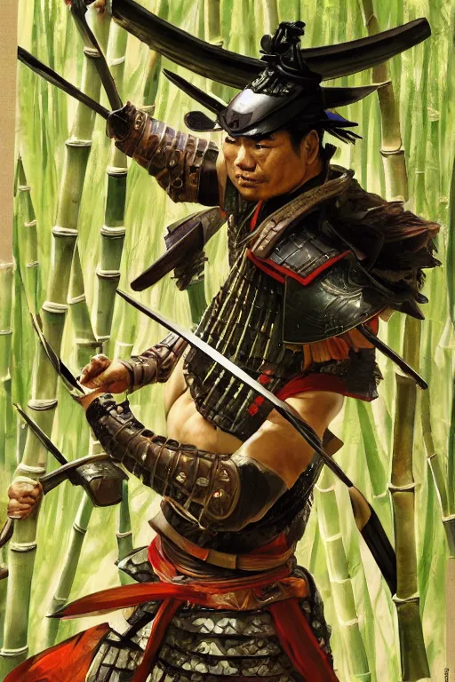 Prompt: close up of samurai warrior in full armor, in a bamboo forest, by huang guangjian and gil elvgren, sachin teng, greg manchess