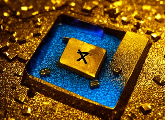 Image similar to flat square magic golden computer chip with runes and a glowing blue crystal in the center, mana flowing around it, flat and dark background, product photo, macro, dynamic composition, hyperrealism, octane render, trending on artstation, unreal engine 5, 4 k, 8 k