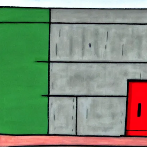 Image similar to a real concrete building with anthropomorphic qualities. a painting of sceptile by ricardo bofill. one building that reminds me of a green lizard with a red mouth. clearly a building. poorly drawn, bad, low quality, ugly, not very aesthetic at all in fact