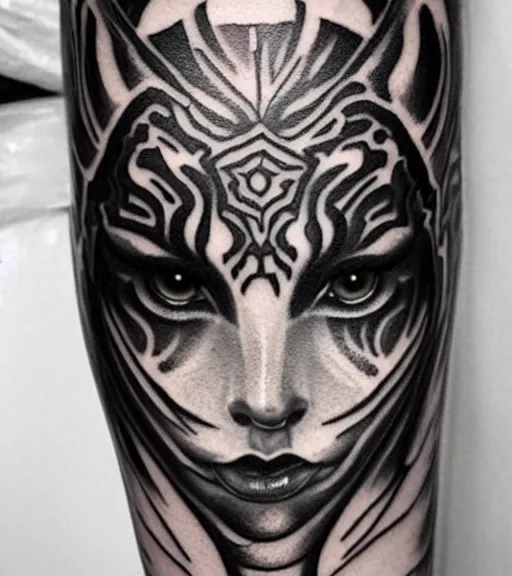 Image similar to tattoo design of a beautiful girl warrior under a tiger head, hyper realistic, realism tattoo, by eliot kohek, beautiful eyes, realistic face, black and white, white background