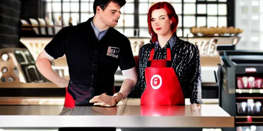Image similar to bucky barnes and natasha romanoff working at starbucks, as played by sebastian stan and scarlett Johansson, coworkers, starbucks aprons and visors, daytime, at the counter, laughing, warmth, friendship, cinematic, ambient lighting,, 8k, scene