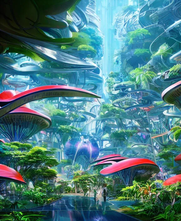 Image similar to simplicity, an amusement park made out of sleek asymmetrical organic creatures, in the style of an aerodynamic spaceship, overgrown with orchids, partly cloudy, sun - drenched, dramatic lighting, by dan mumford, yusuke murata, makoto shinkai, ross tran, cinematic, unreal engine, cel shaded, featured on artstation, pixiv