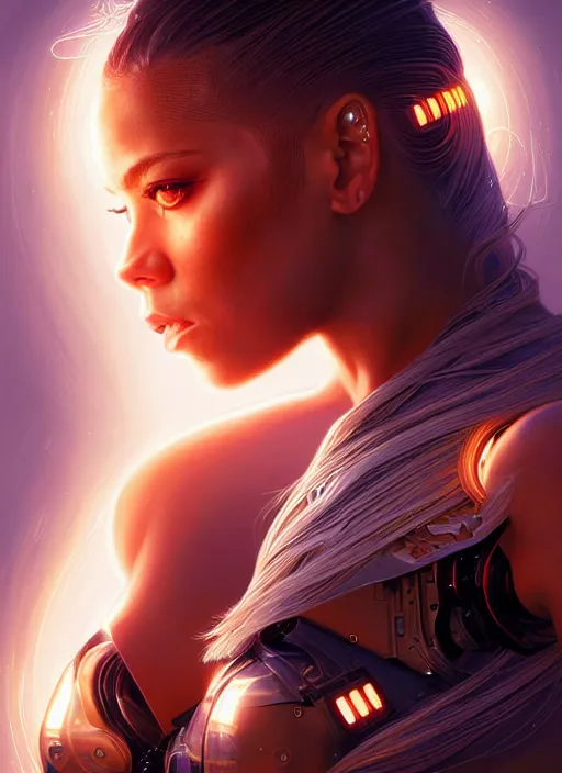 Image similar to portrait of female cyborg, shakira, intricate, elegant, glowing lines of light, highly detailed, digital painting, artstation, glamor pose, concept art, smooth, sharp focus, illustration, epic angle, art by artgerm and greg rutkowski, artey freytag