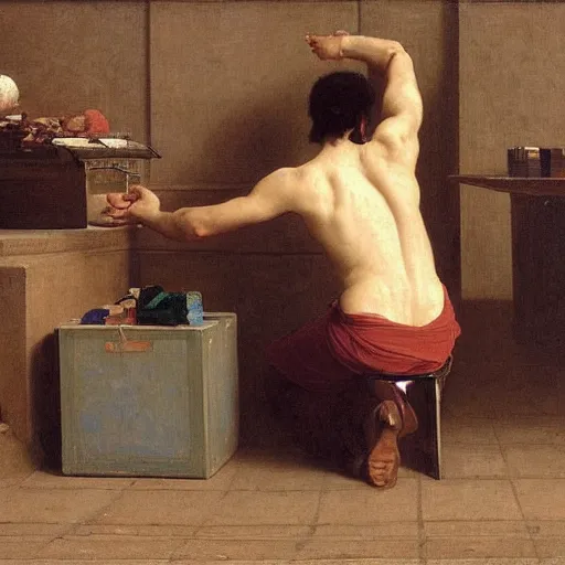 Image similar to an oil painting of an man playing a package, he doing sorting package, view from back, by Bouguereau, highly detailed and intricate, 1500,