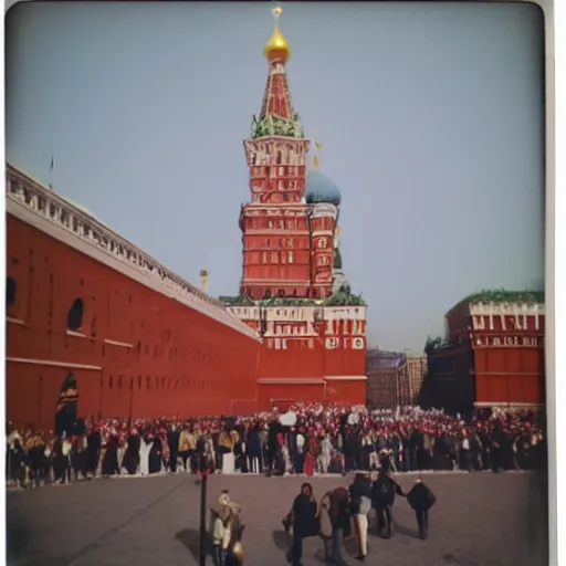 Image similar to vintage Polaroid of Trump vibin' on red square