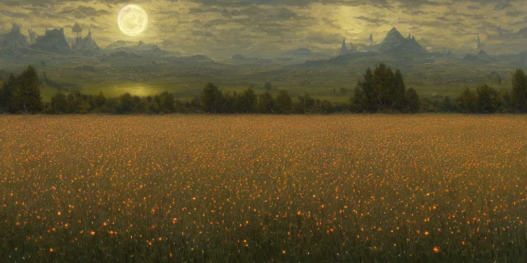 Image similar to field of flowers at night, lit by moonlight, grand landscape art by donato giancola and greg rutkowski, vintage retro, digital art, trending on artstation, symmetry!!, epic composition