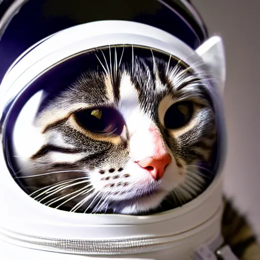 Prompt: a portrait of a cat behind the space suit helmet