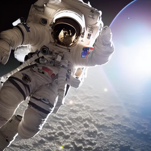 Image similar to photograph of an astronaut in space, singular light source from below, earth only visible below, darkness above, full body photo, amazing light and shadow contrast, 8 k