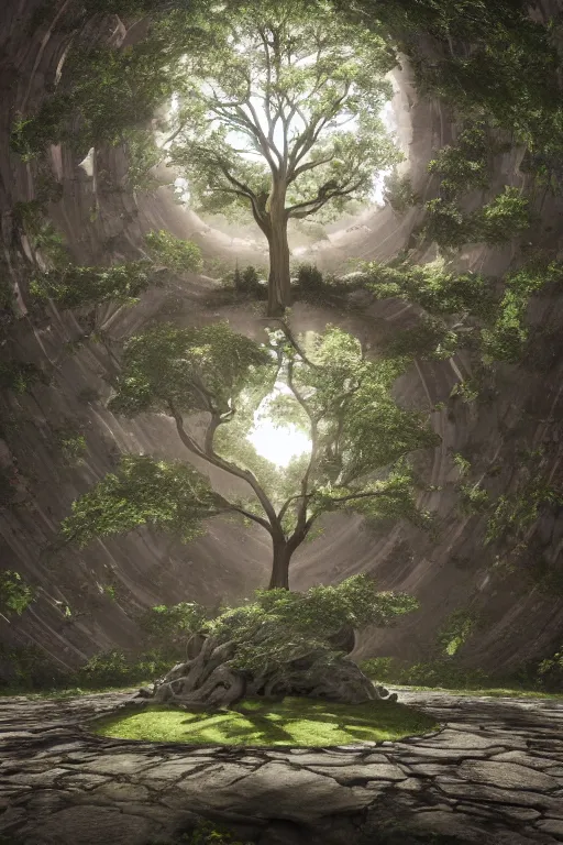 Image similar to mystic circular base surrounded by grand soul tree of the earth, cinematic, perfect symmetry, intricate detail, small details, high resolution, 3 d, volumetric lighting, octane render, 8 k, photorealistic