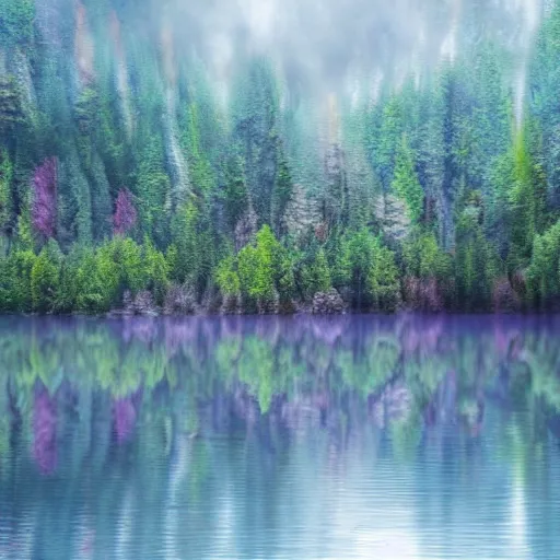Prompt: photo of an ethereal forest with a purple fjord water full and lake, highly detailed, 4k