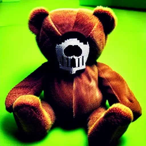 Prompt: teddy bear with a bloody skull face