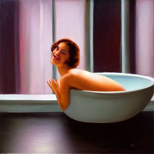 Image similar to realistic oil painting of young woman in a bathtub full of milk, smiling with her eyes closed as she washes herself, city lights from art deco window