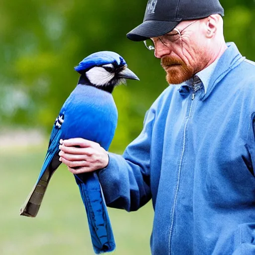 Image similar to walter white talking to a blue jay