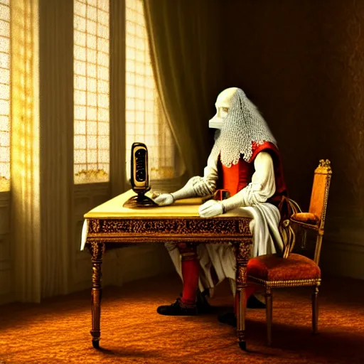 Image similar to An extremely detailed render of a mummy in very old clothes, sitting at his Louis XIV desk, with very old curtains in the room, very old room. The very very very old man has a 1880 phone on his desk. Dust in the air, god rays, raytracing shadows, ambient occlusion, 8K, RTX 3090, trending on artstation, lumens