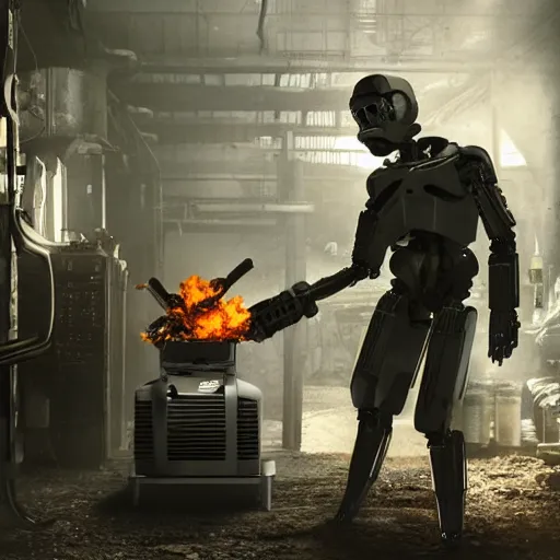 Image similar to toaster oven terminator robot, dark messy smoke - filled cluttered workshop, dark, dramatic lighting, orange tint, sparks, cinematic, highly detailed, sci - fi, futuristic, movie still