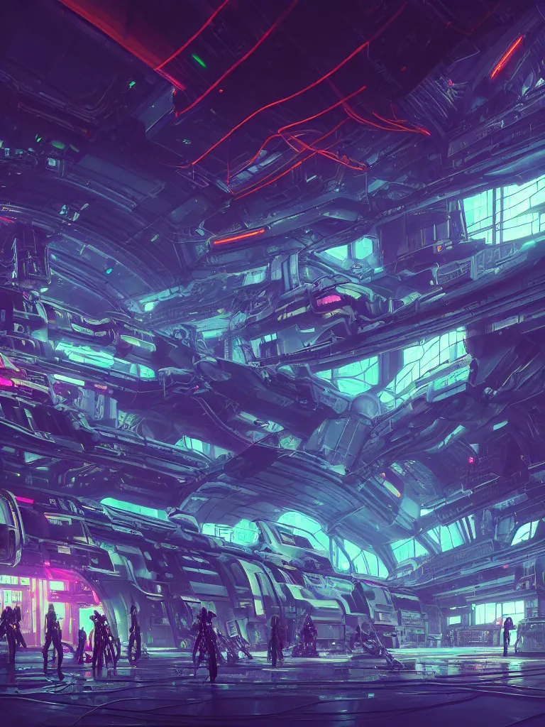 Image similar to the interior of a celestial spaceship cyberpunk hangar in a bioluminescent walls decorated beautifully, lots of cyberpunk design elements like humanoids and mecha robots, warm sunlight shining in, lots of cables and neon signs, concept art 8 k resolution, fantasy illustration, sharp focus, detailed painting, deep color, volumetric lighting, crepuscular rays