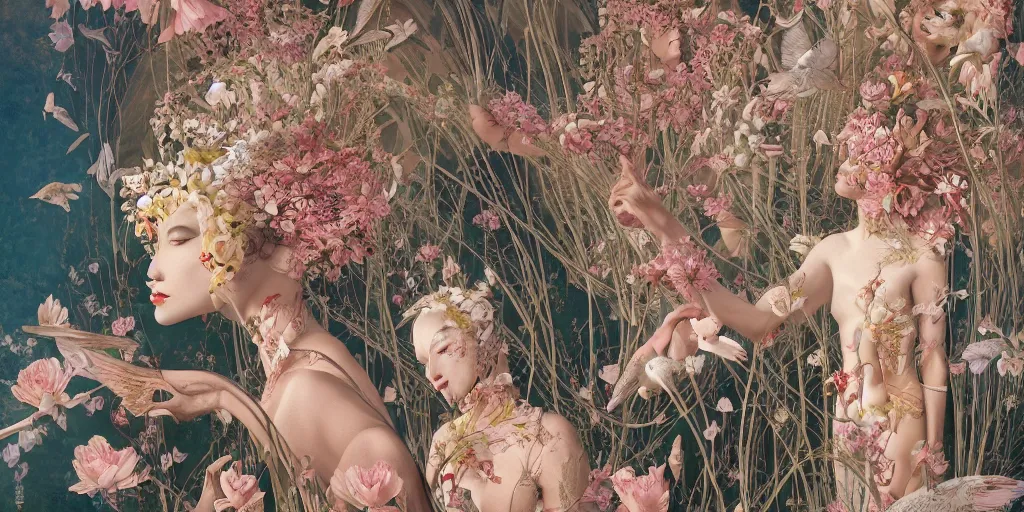 Image similar to breathtaking detailed concept art painting art deco pattern of blonde faces goddesses amalmation flowers and blend of flowers and birds, by hsiao - ron cheng and john james audubon, bizarre compositions, exquisite detail, extremely moody lighting, 8 k