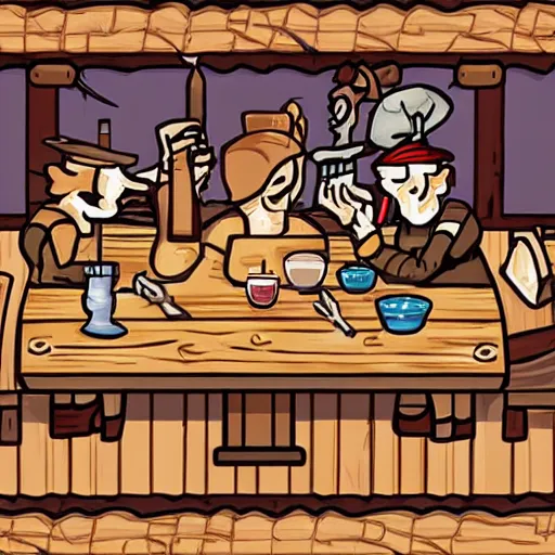 Image similar to important pirates drinking grog in a tavern table pixel