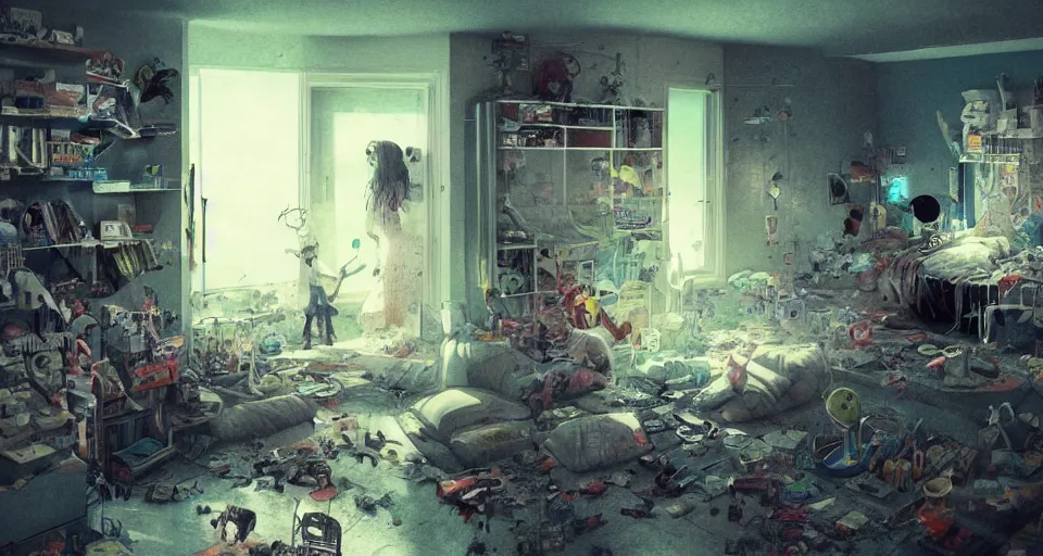 Prompt: IKEA catalogue photo, cyberpunk childrens bedroom, toys, mess, drawings, dust, organic, by Beksiński