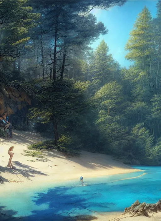 Prompt: on the sandy beach of a blue lake in a pine forest, hyperrealism, no blur, 4 k resolution, ultra detailed, style of tyler edlin, tom bagshaw, arthur rackham, ivan shishkin