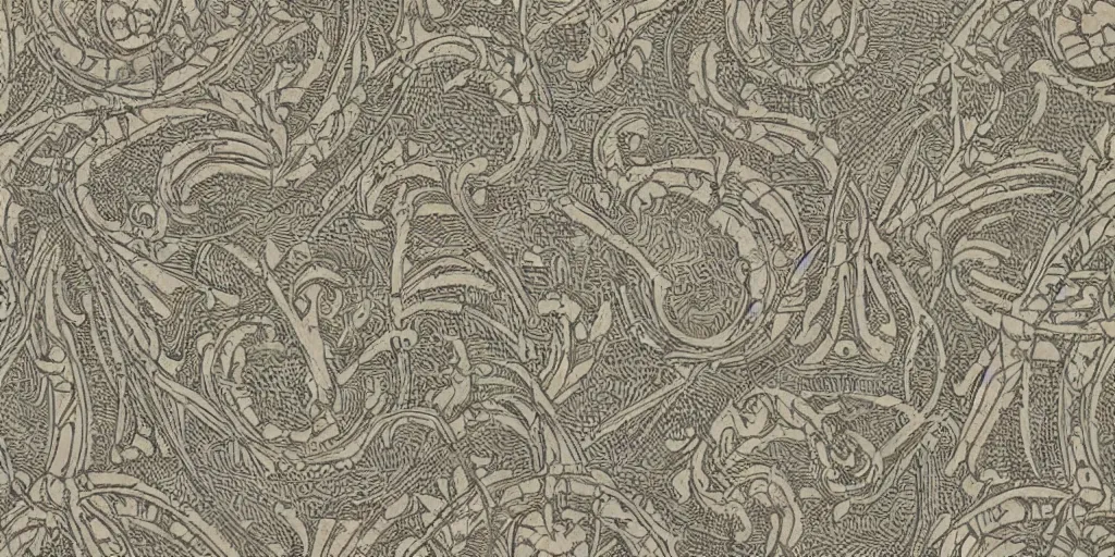Prompt: scan of old symmetrical patterned wallpaper showing hay creatures and cryptic occult alpine symbols and dolomites