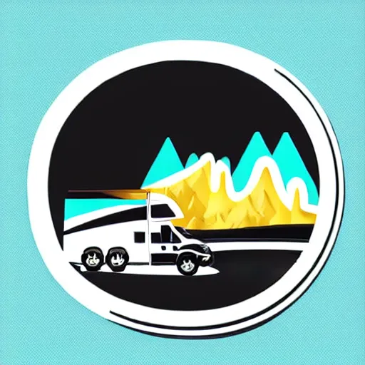 Image similar to vector art of a white and black cute thor chateau! motorhome camper!!, highway, mountains and colorful sunset!!, very happy, minimal vector art sticker!! by tom whalen, sanja stikovic