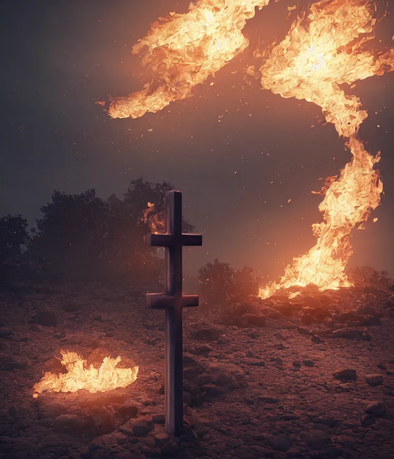 Image similar to a beautiful hyperrealistic detailed 3D render of a burning cross, by Anton Otto Fischer, Atey Ghailan, genzoman, unreal engine, octane render, gigantic, 3D, brilliantly coloured, intricate, ultra wide angle, trending on artstation, embers, smoke, dust, dusk, volumetric lighting, HDR, polished, micro details, ray tracing, 8k