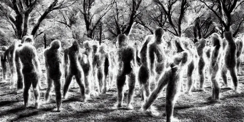 Image similar to love, groups of people in infrared thermal colors, from behind, rebirth, wide angle, cinematic atmosphere, elaborate, highly detailed, thermal heat colors, dramatic lighting