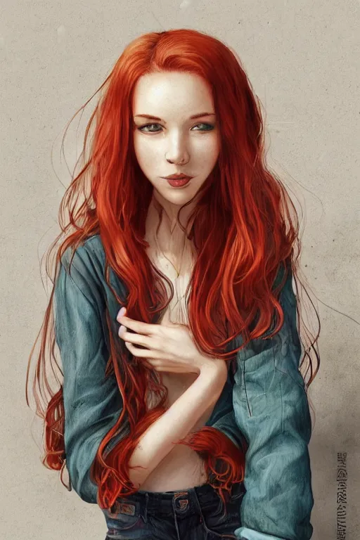 Image similar to beautiful cute red haired joyful and playful nineteen year old maiden standing up in casual green clothing, long hair, attractive face, modern city, rpg character, sci - fi, fantasy, intricate, elegant, digital painting, artstation, concept art, smooth, 8 k frostbite 3 engine, ultra detailed, art by artgerm, greg rutkowski, magali villeneuve