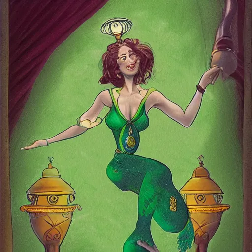 Prompt: a green frog-like genie woman rising out of a lamp, fantasy illustration