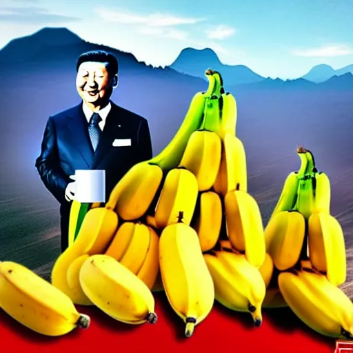 Image similar to Chinese president with bananas in hand in epic stance fighting dragon on flaming mountain, bananas weapon, painting, epic