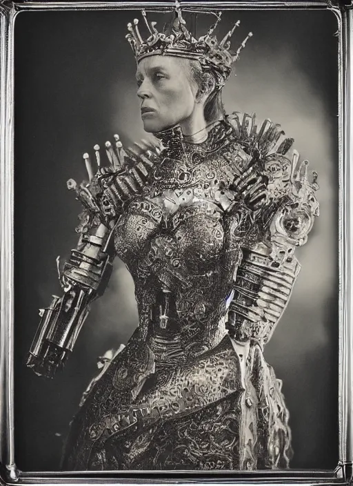 Image similar to old wetplate daguerreotype frame portrait of a futuristic silver armored pretty queen elisabeth emperor district 9 cyborg, fractal, intricate, elegant, highly detailed, subsurface scattering, by jheronimus bosch and greg rutkowski and louis jacques mande daguerre