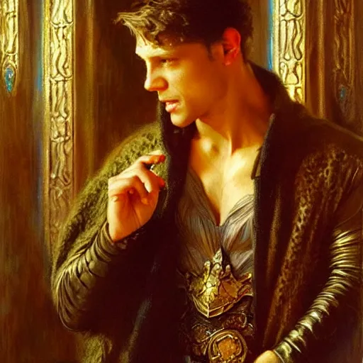 Image similar to handsome arthur pendragon in love with handsome merlin the mage. merlin is also in love with arthur. highly detailed painting by gaston bussiere, craig mullins, j. c. leyendecker