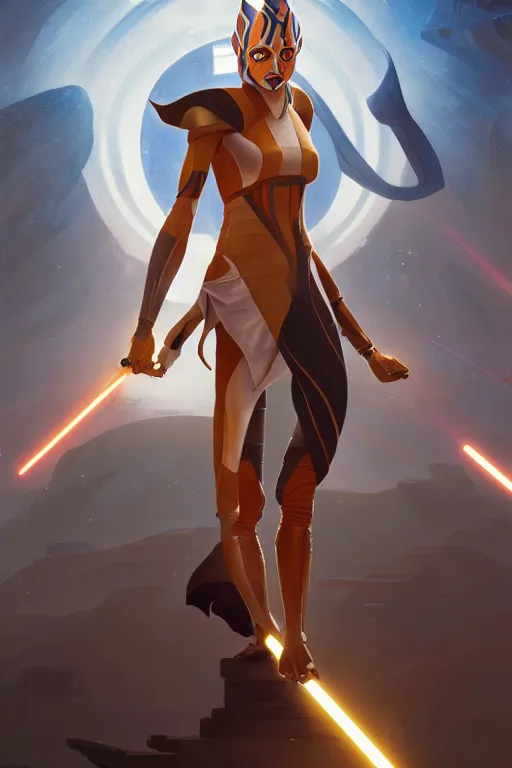 Image similar to ahsoka tano profile picture by greg rutkowski, dynamic pose, aesthetic, golden ratio, flat matte painting, intricate, futuristic, fantasy, elegant, by stanley artgerm lau, greg rutkowski, thomas kindkade, alphonse mucha, loish, norman rockwell, fantasy lut, fluid lines,