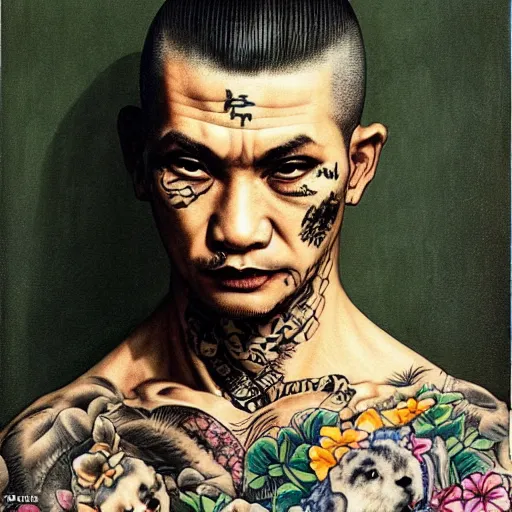 A Frontal portrait of a heavily tattooed Yakuza gang