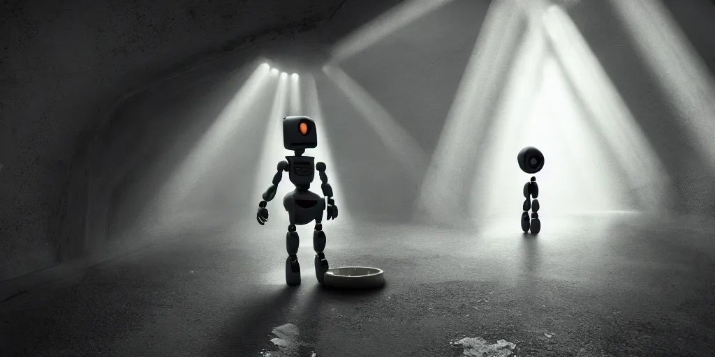 Prompt: Photo of a lonely robot in the sewers, rays of light, hyperrealism, atmospheric, trending on artstation, trending on deviantart, deviantart