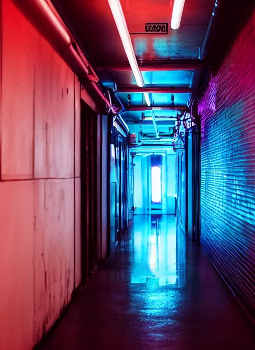 Image similar to a view of a dark corridor with cyberpunk neon lights, depth of field photo by yi insang, unsplash, video art, 8 k wallpaper, cinematic view