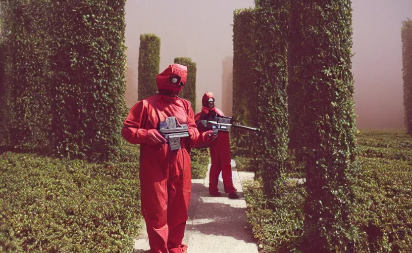 Image similar to cinestill 5 0 d photographic portrait by helen levitt of dark red hazmat scientists with guns walking through a brutalist hedge maze, extreme closeup, cinematic, modern cyberpunk, dust storm, 8 k, hd, high resolution, 3 5 mm, f / 3 2, tenet